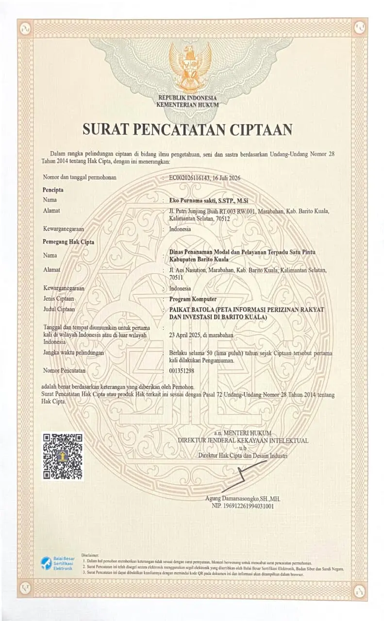 Surat Pencatatan Ciptaan PAIKAT Batola
